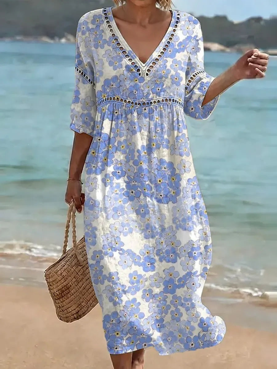 Women's comfortable dress made from a cotton-linen blend with a print