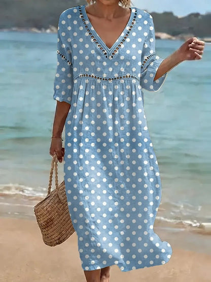 Women's comfortable dress made from a cotton-linen blend with a print