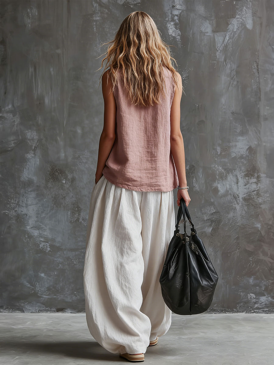 Casual Retro Cotton Linen Pink Sleeveless Top And White Balloon Pants Set