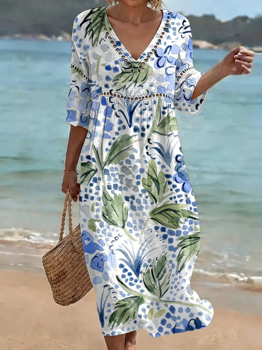 Women's comfortable dress made from a cotton-linen blend with a print