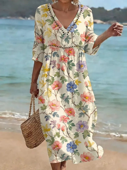 Women's comfortable dress made from a cotton-linen blend with a print