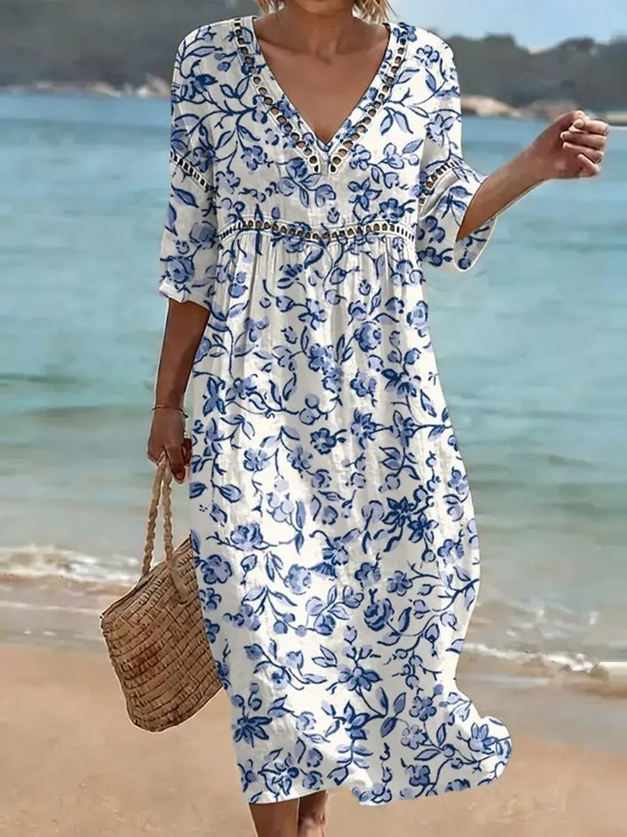 Women's comfortable dress made from a cotton-linen blend with a print