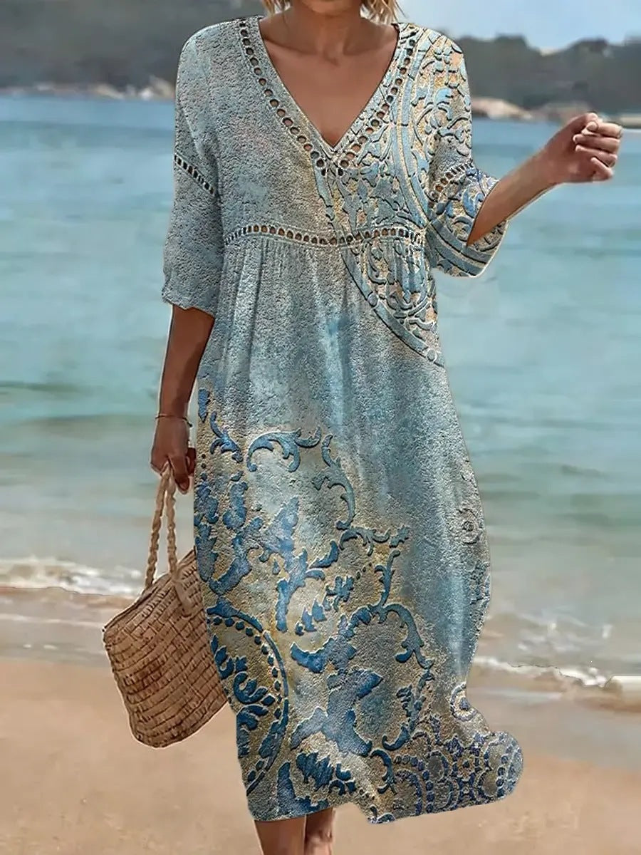 Women's comfortable dress made from a cotton-linen blend with a print