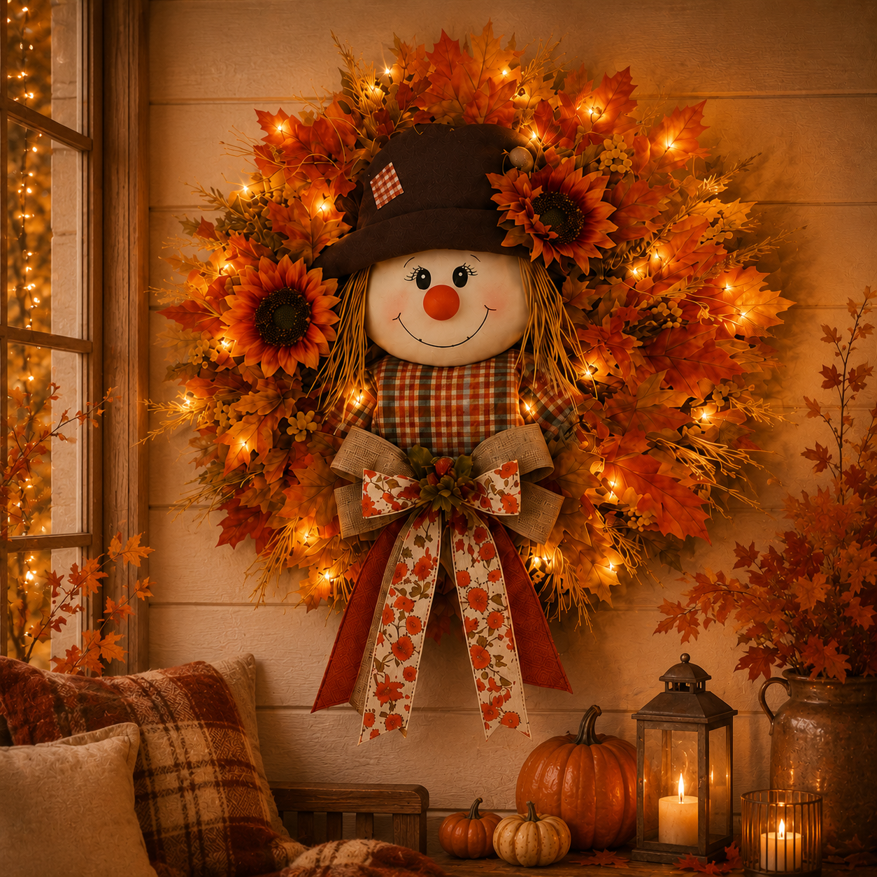 🍂 🌻 Lighted Scarecrow Fall Wreath for Front Door