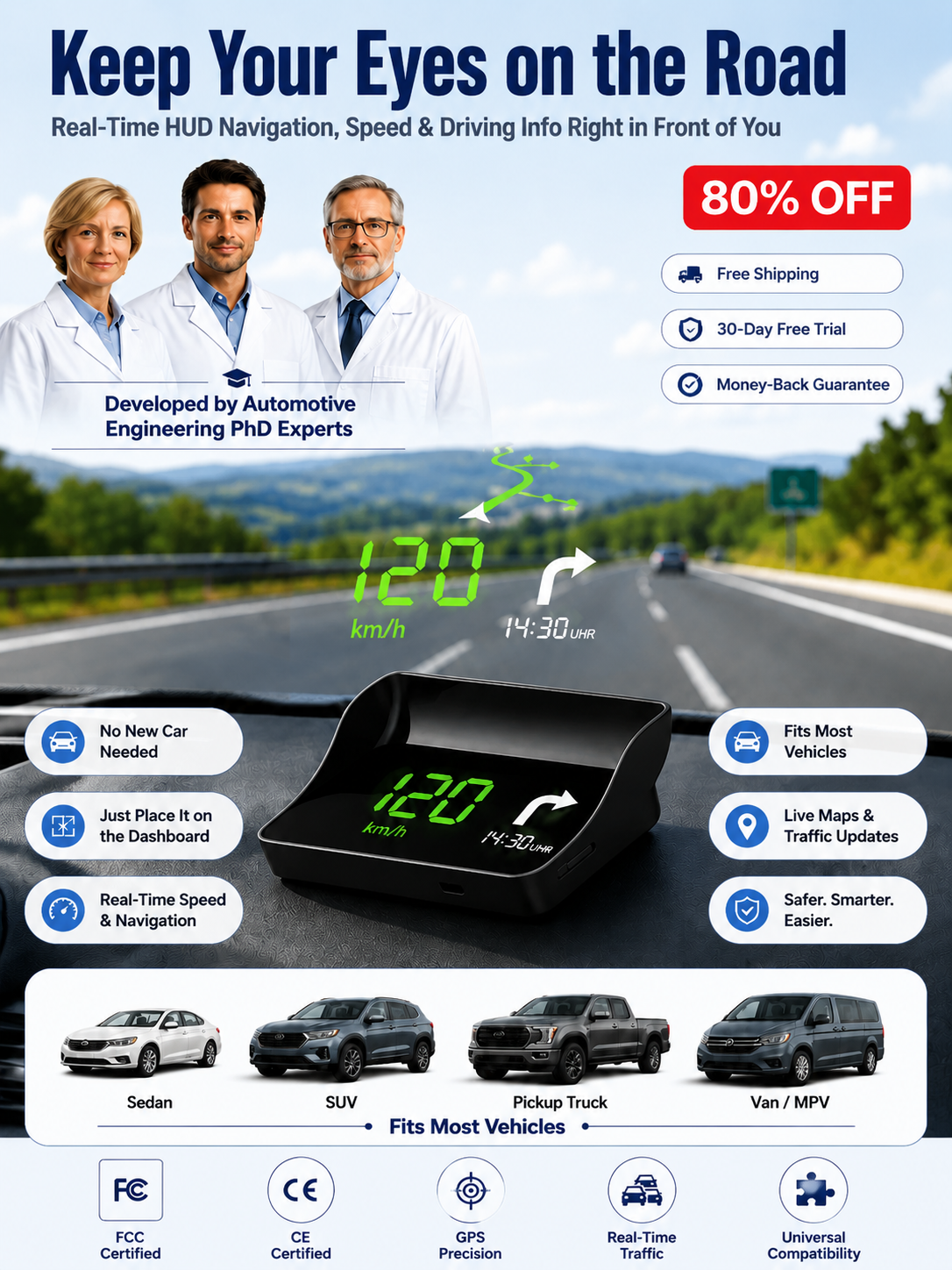 【Smart In-Car HUD Co-Pilot】Works on Sedans, SUVs, Pickups, RVs, and More!30-Day Risk-Free Trial