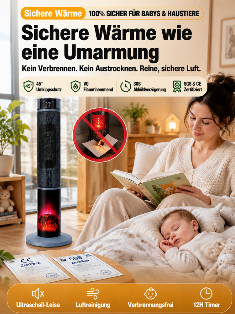 [Nur 1 kWh pro Woche] Premium 3D-Kamin Heizlüfter | 3 Sek. Schnellheizung | A+++ KI-Energiesparmodus | 3D-Kaminfeuer | TÜV geprüft 🔥🛡️