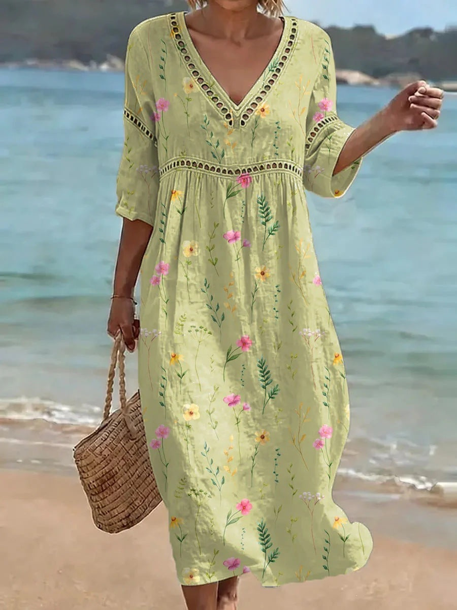 Women's comfortable dress made from a cotton-linen blend with a print