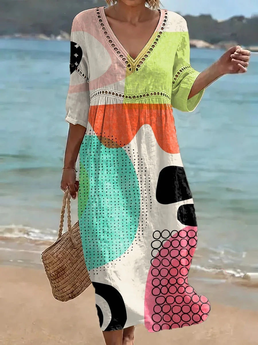 Women's comfortable dress made from a cotton-linen blend with a print