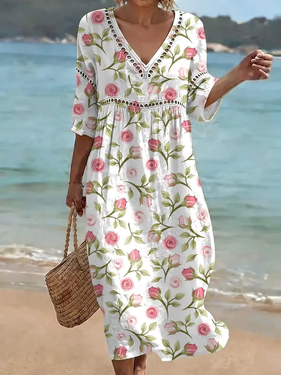 Women's comfortable dress made from a cotton-linen blend with a print