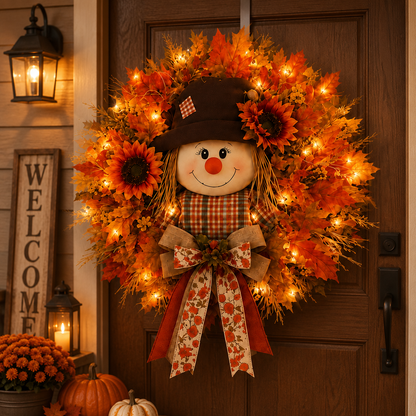🍂 🌻 Lighted Scarecrow Fall Wreath for Front Door