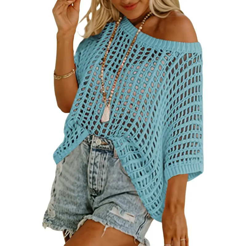 🎁2026 New Hot Sale- Womens Summer Scoop Neck Short Sleeve Sweater Casual Crochet Hollow Out Knit Tops Pullover Shirts Beach Coverup