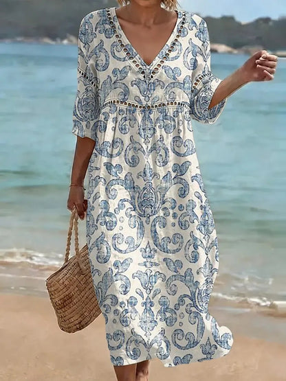 Women's comfortable dress made from a cotton-linen blend with a print
