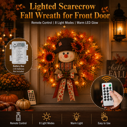 🍂 🌻 Lighted Scarecrow Fall Wreath for Front Door