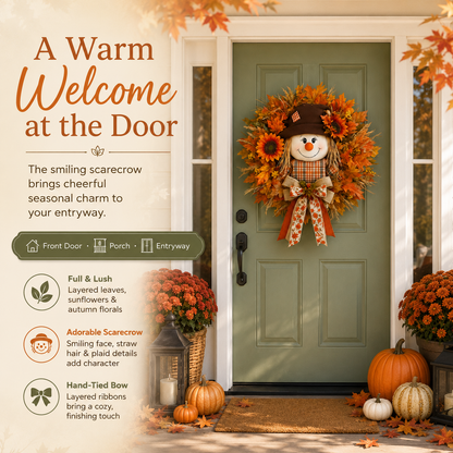 🍂 🌻 Lighted Scarecrow Fall Wreath for Front Door