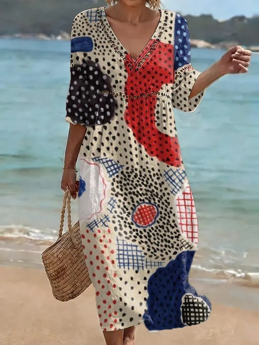 Women's comfortable dress made from a cotton-linen blend with a print