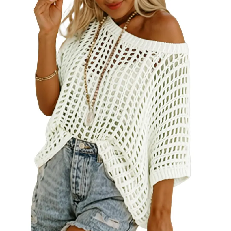 🎁2026 New Hot Sale- Womens Summer Scoop Neck Short Sleeve Sweater Casual Crochet Hollow Out Knit Tops Pullover Shirts Beach Coverup