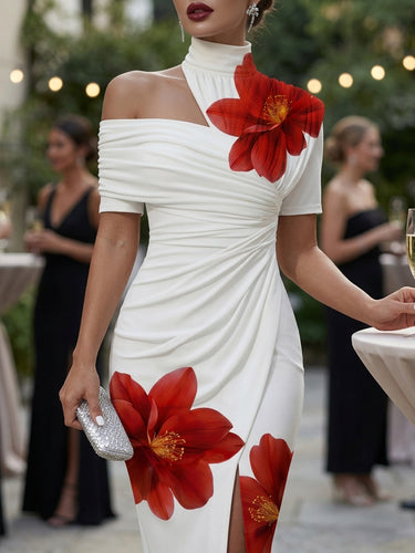Bodycon Short Sleeves Flower Print Pleated Split-Front High Neck Midi Dresses