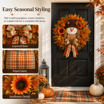 🍂 🌻 Lighted Scarecrow Fall Wreath for Front Door