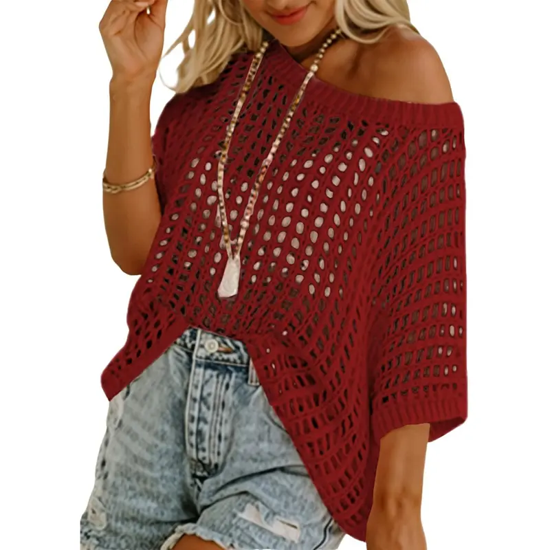 🎁2026 New Hot Sale- Womens Summer Scoop Neck Short Sleeve Sweater Casual Crochet Hollow Out Knit Tops Pullover Shirts Beach Coverup
