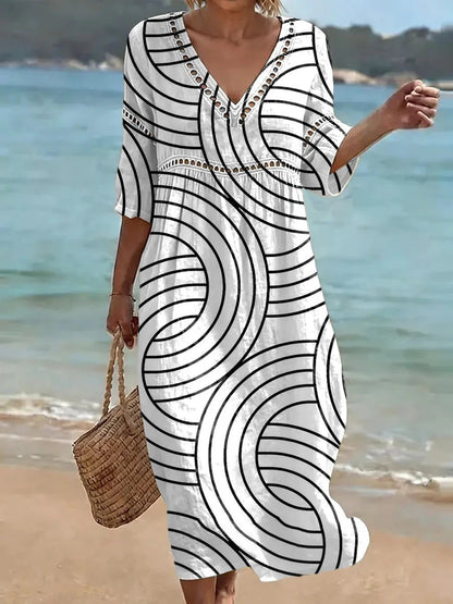 Women's comfortable dress made from a cotton-linen blend with a print