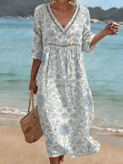 Women's comfortable dress made from a cotton-linen blend with a print