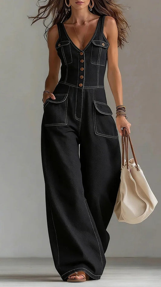 Women's Washed Denim Loose-Fit Sleeveless Jumpsuit with Straps
