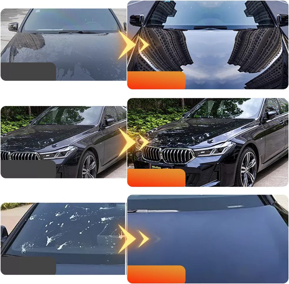 Three examples of car surfaces before and after coating